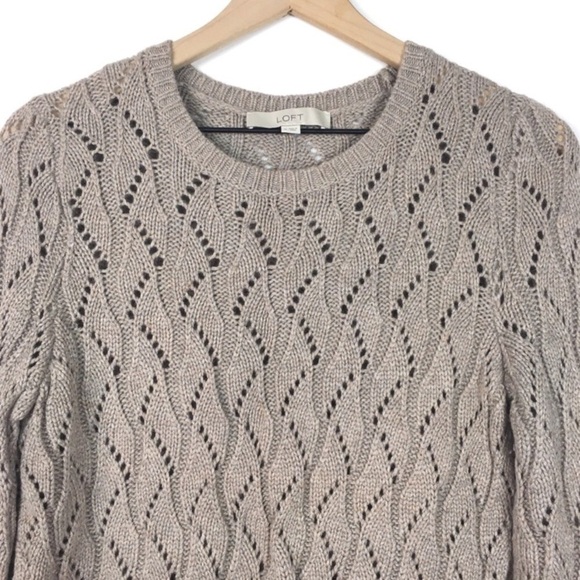 LOFT Sweater Wool Rabbit Hair Loose Pointelle Knit Minimalist Neutral Medium - Picture 2 of 7